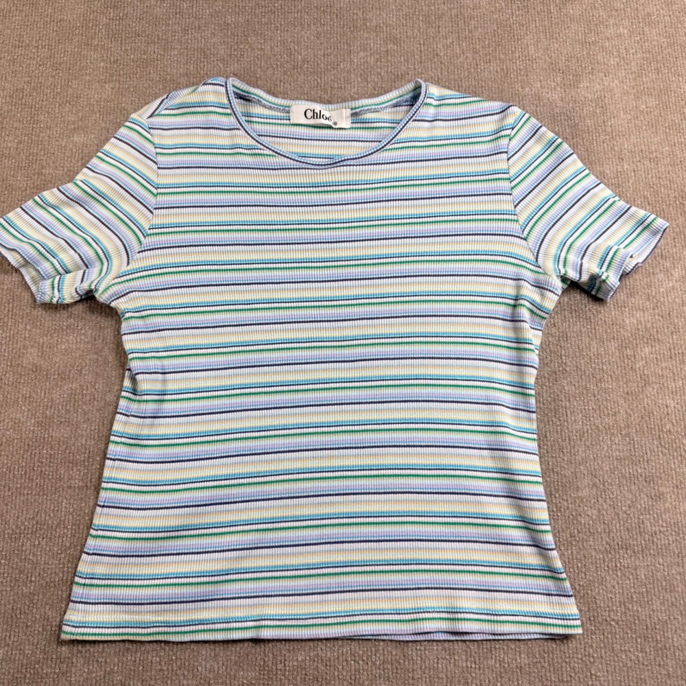 Chloe Ribbed Cotton Striped Short Sleeve T-Shirt Multi-Color Pastel Size 40